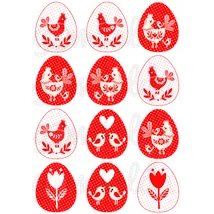 Mintás barkácsfilc - piros fehér tyúkocskák tojásokban