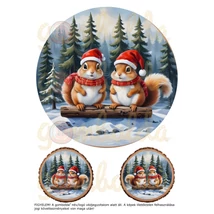 Mintás barkácsfilc - hímzőkeretes téli állatok fa alapon - piros - mókusok