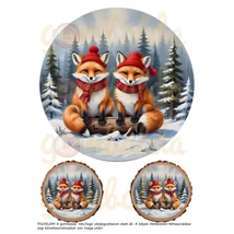 Mintás barkácsfilc - hímzőkeretes téli állatok fa alapon - piros - rókák