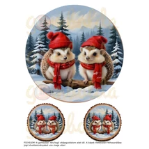 Mintás barkácsfilc - hímzőkeretes téli állatok fa alapon - piros - sünik