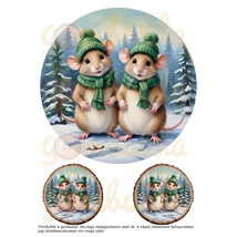 Mintás barkácsfilc - hímzőkeretes téli állatok fa alapon - zöld - egerek