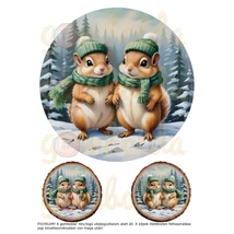 Mintás barkácsfilc - hímzőkeretes téli állatok fa alapon - zöld - mókusok