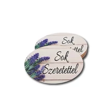 Nyomtatott fa ovális táblácska - Sok szeretettel levendulás - 8,5cm