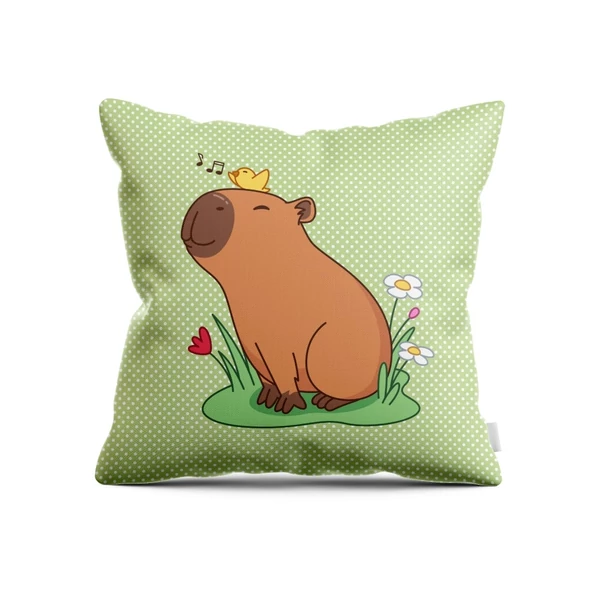 Panama szövet párnapanel - capybara - zöld pöttyös alapon