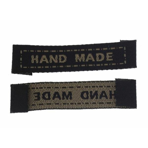 Szövött címke - "hand made" - fekete - barna - 5db