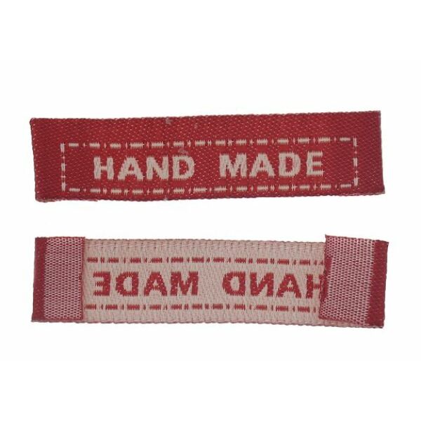 Szövött címke - "hand made" - krém - piros - 5db