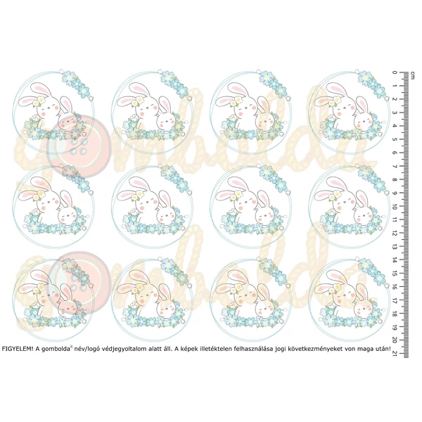 Mintás barkácsfilc - cuki nyuszik - kék virágos koszorú