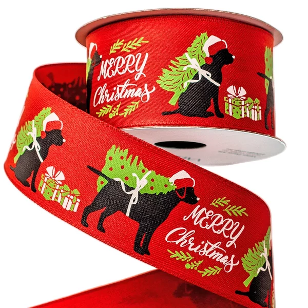 Karácsonyi kutya mintás prémium szalag drótos szegéllyel - 38mm x 6,4m