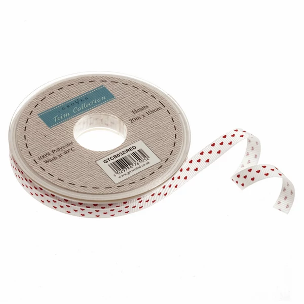 Fehér alapon piros szív mintás ripsz grosgrain szalag - 10mm